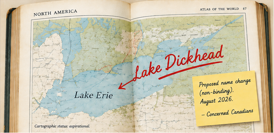 Vintage open atlas focused on Lake Erie, marked in red by hand with the proposed name “Lake Dickhead” and a yellow note describing the non-binding proposal.