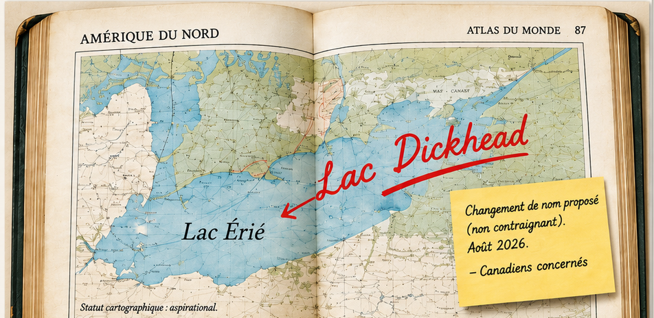 Atlas ancien ouvert sur le lac Érié, annoté à la main en rouge avec le nom proposé « Lac Dickhead », accompagné d’une note jaune décrivant la proposition non contraignante.